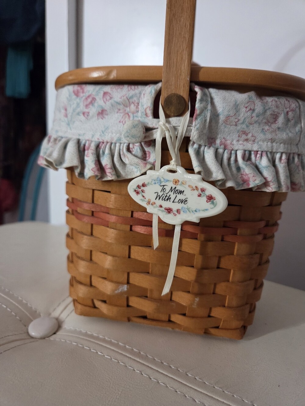 Longaberger Authentic Woven Basket with Pink Floral Liner - To Mom With Love